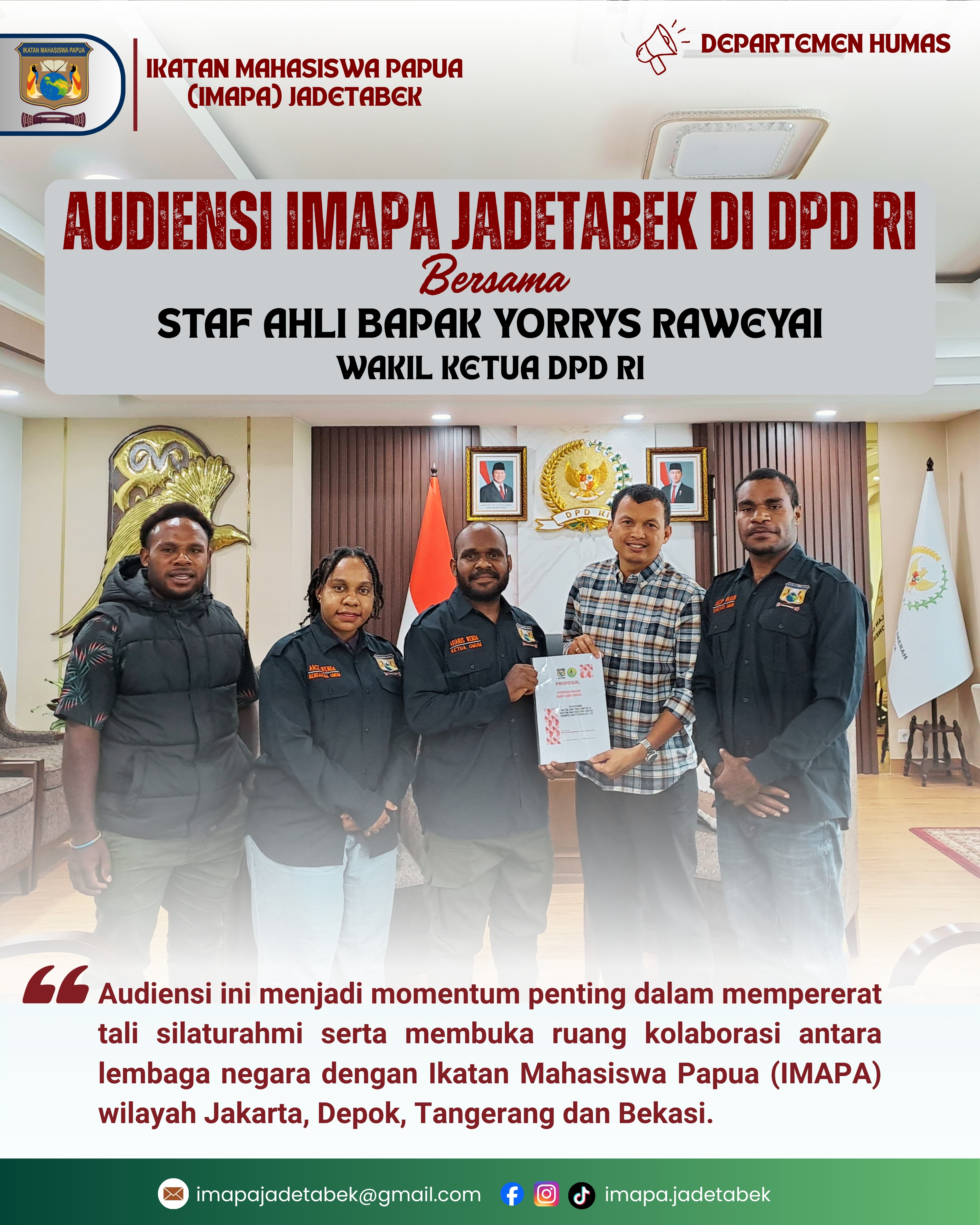 IMAPA Jadetabek Lakukan Audiensi ke DPD RI: Perkuat Silaturahmi dan Kolaborasi untuk Mahasiswa Papua